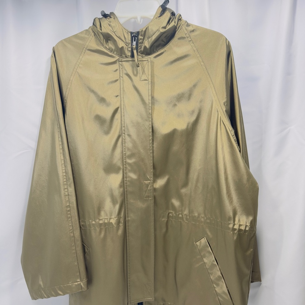 Dark Bronze Gold Totes Women's PVC Raincoat Jacket SZ M Drawstring Zip Front